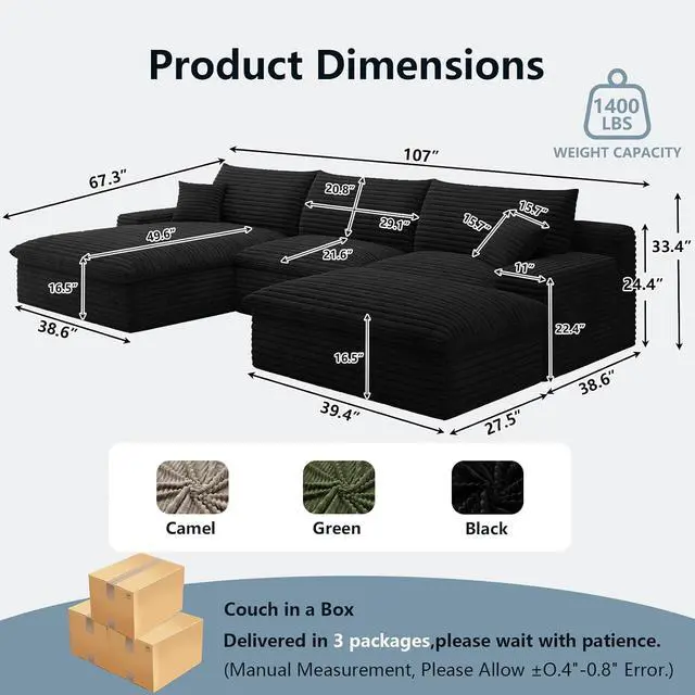 Alt view image 2 of 7 - 107" Cloud Sectional Couch with U-Shaped Chaise,Corduroy Viral Boneless Sofa with Ottoman,Memory Foam Couches in a Box with Deep Seat for Living Room,No Assembly Required(Jet Black,Left-Facing Chaise)