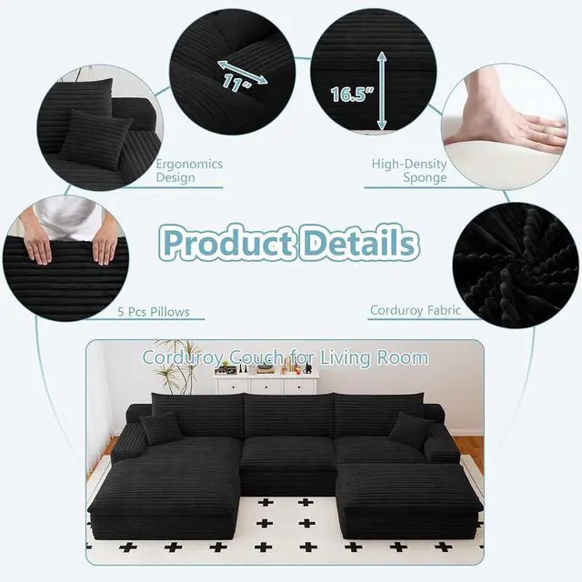 Alt view image 4 of 7 - 107" Cloud Sectional Couch with U-Shaped Chaise,Corduroy Viral Boneless Sofa with Ottoman,Memory Foam Couches in a Box with Deep Seat for Living Room,No Assembly Required(Jet Black,Left-Facing Chaise)