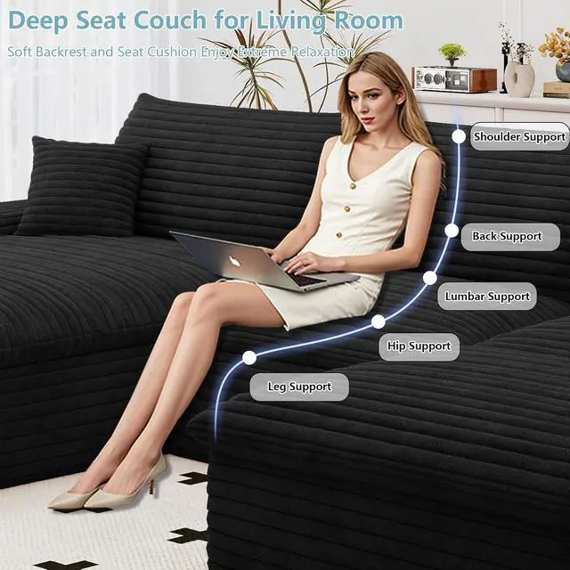 Alt view image 5 of 7 - 107" Cloud Sectional Couch with U-Shaped Chaise,Corduroy Viral Boneless Sofa with Ottoman,Memory Foam Couches in a Box with Deep Seat for Living Room,No Assembly Required(Jet Black,Left-Facing Chaise)