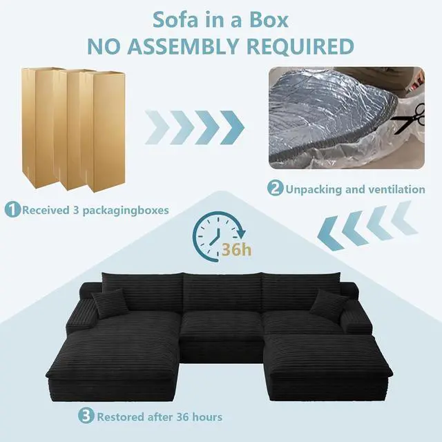 Alt view image 7 of 7 - 107" Cloud Sectional Couch with U-Shaped Chaise,Corduroy Viral Boneless Sofa with Ottoman,Memory Foam Couches in a Box with Deep Seat for Living Room,No Assembly Required(Jet Black,Left-Facing Chaise)