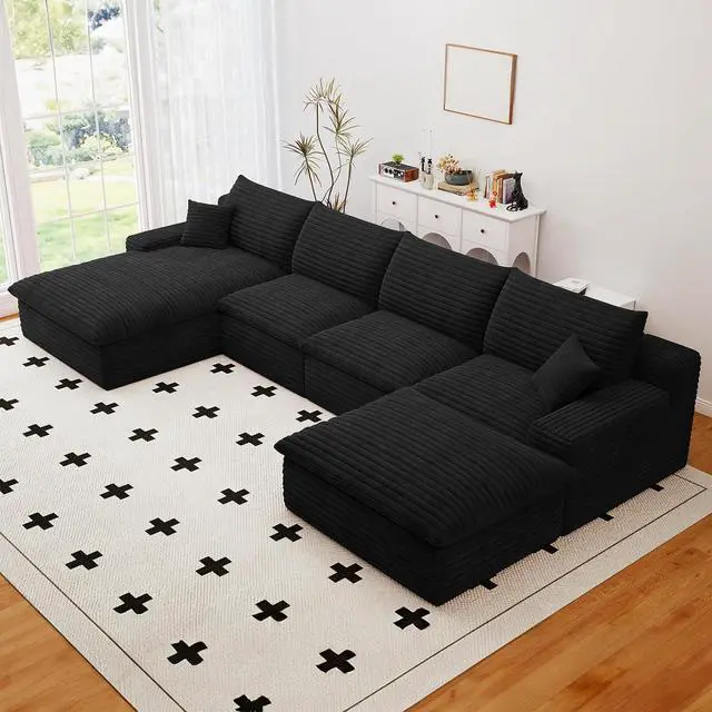 Main image of 136" Cloud Sectional Couch with U-Shaped Chaise,Corduroy Viral Boneless Sofa with Ottoman,Memory Foam Couches in a Box with Deep Seat for Living Room,No Assembly Required (Black,Left-Facing Chaise)