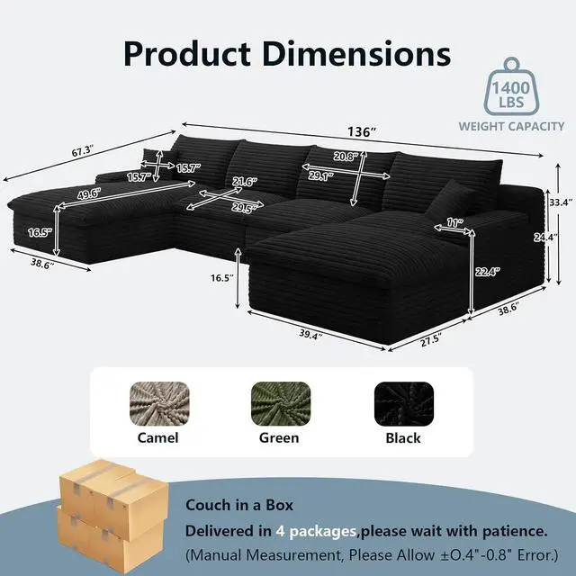 Alt view image 2 of 7 - 136" Cloud Sectional Couch with U-Shaped Chaise,Corduroy Viral Boneless Sofa with Ottoman,Memory Foam Couches in a Box with Deep Seat for Living Room,No Assembly Required (Black,Left-Facing Chaise)