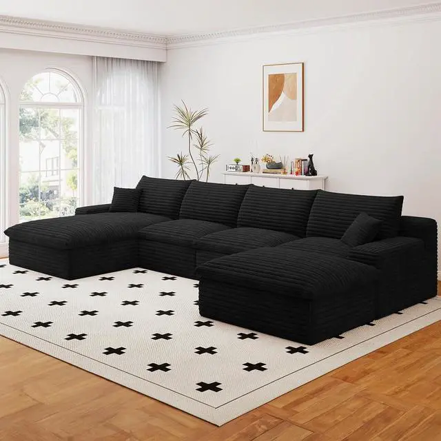 Alt view image 4 of 7 - 136" Cloud Sectional Couch with U-Shaped Chaise,Corduroy Viral Boneless Sofa with Ottoman,Memory Foam Couches in a Box with Deep Seat for Living Room,No Assembly Required (Black,Left-Facing Chaise)