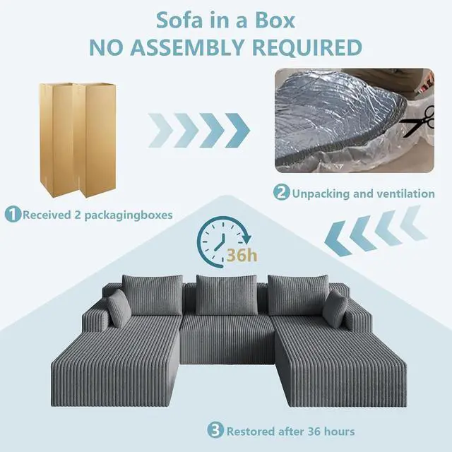 Alt view image 6 of 7 - 107" W Cloud Sectional Couch,Modern U-Shaped Cloud Couch with Deep Seat,Comfy Corduroy 3-Seater Sofa,Memory Foam Sofa for Living Room,No Assembly (Grey)