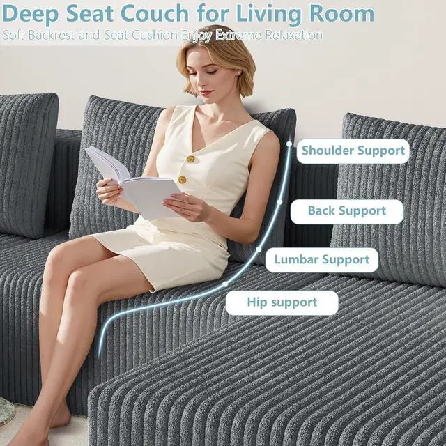 Alt view image 7 of 7 - 107" W Cloud Sectional Couch,Modern U-Shaped Cloud Couch with Deep Seat,Comfy Corduroy 3-Seater Sofa,Memory Foam Sofa for Living Room,No Assembly (Grey)