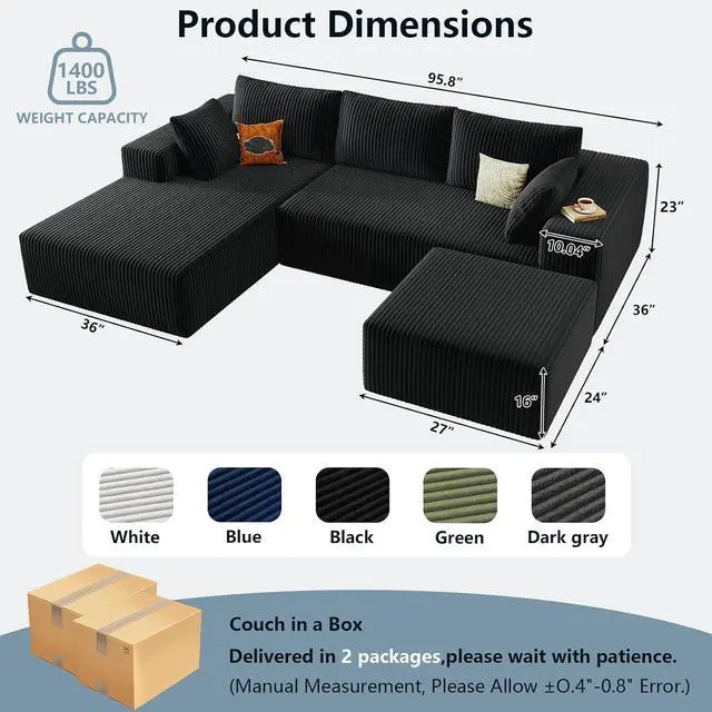 Alt view image 2 of 6 - 96" W Cloud Sectional Couch with Ottoman,Modern U-Shaped Cloud Couch with Deep Seat,Comfy Corduroy 3-Seater Sofa,Memory Foam Sofa for Living Room,No Assembly (Black,Left-Facing Chaise)