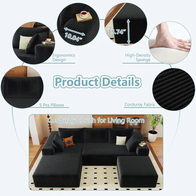 Alt view image 4 of 6 - 96" W Cloud Sectional Couch with Ottoman,Modern U-Shaped Cloud Couch with Deep Seat,Comfy Corduroy 3-Seater Sofa,Memory Foam Sofa for Living Room,No Assembly (Black,Left-Facing Chaise)