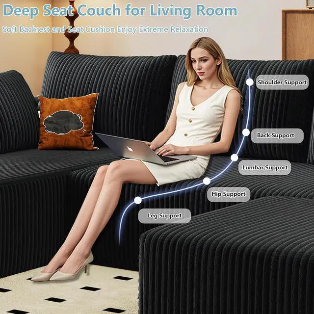 Alt view image 3 of 6 - 96" W Cloud Sectional Couch with Ottoman,Modern U-Shaped Cloud Couch with Deep Seat,Comfy Corduroy 3-Seater Sofa,Memory Foam Sofa for Living Room,No Assembly (Black,Left-Facing Chaise)