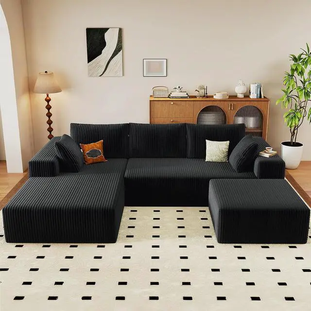 Alt view image 6 of 6 - 96" W Cloud Sectional Couch with Ottoman,Modern U-Shaped Cloud Couch with Deep Seat,Comfy Corduroy 3-Seater Sofa,Memory Foam Sofa for Living Room,No Assembly (Black,Left-Facing Chaise)