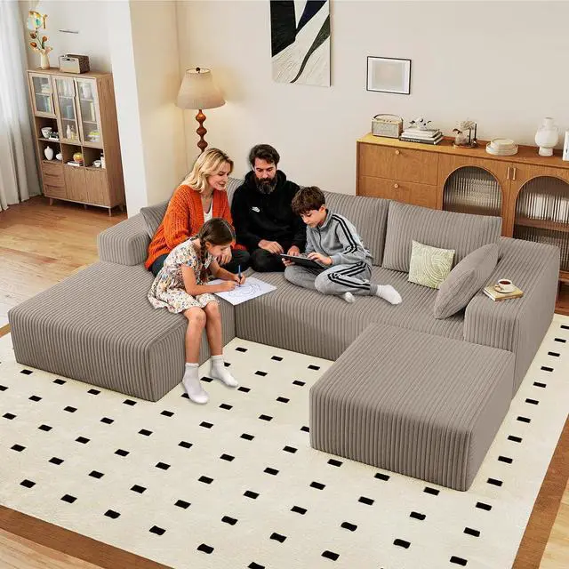 Main image of 96" W Cloud Sectional Couch with Ottoman,Modern U-Shaped Cloud Couch with Deep Seat,Comfy Corduroy 3-Seater Sofa,Memory Foam Sofa for Living Room,No Assembly (Camel,Left-Facing Chaise)
