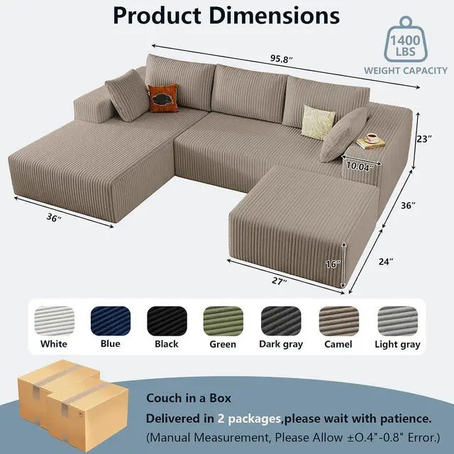 Alt view image 2 of 6 - 96" W Cloud Sectional Couch with Ottoman,Modern U-Shaped Cloud Couch with Deep Seat,Comfy Corduroy 3-Seater Sofa,Memory Foam Sofa for Living Room,No Assembly (Camel,Left-Facing Chaise)