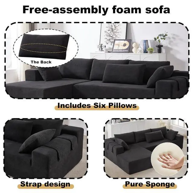 Alt view image 4 of 7 - 108" Modular Sectional Sofa, Convertible L-Shaped Couch with 6 Pillows, Modern Chenille 3-Seater Deep-Seated Cloud Couch for Living Room, No Assembly Required (Black, Right-Facing Chaise)