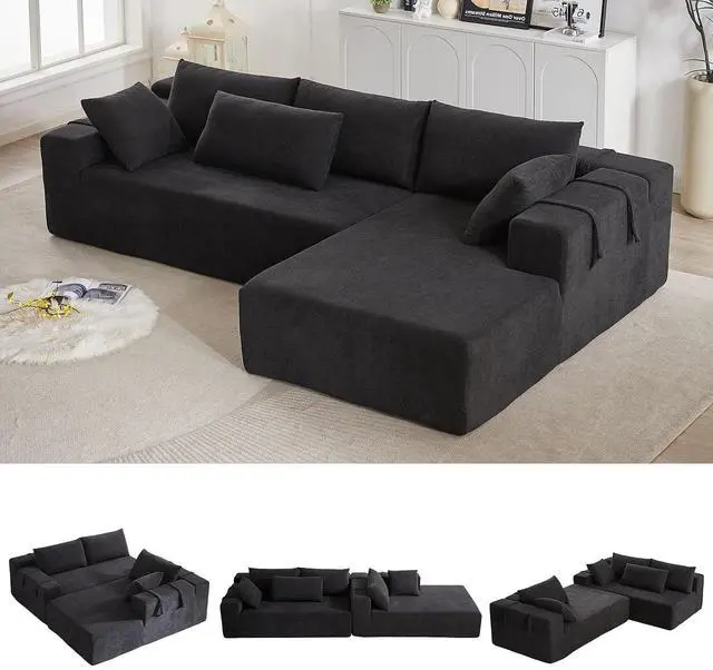 Main image of 108" Modular Sectional Sofa, Convertible L-Shaped Couch with 6 Pillows, Modern Chenille 3-Seater Deep-Seated Cloud Couch for Living Room, No Assembly Required (Black, Right-Facing Chaise)