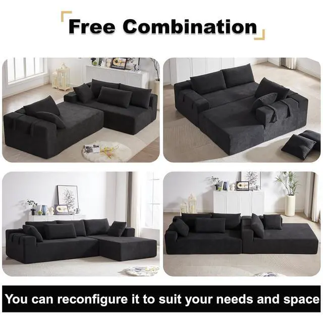 Alt view image 5 of 7 - 108" Modular Sectional Sofa, Convertible L-Shaped Couch with 6 Pillows, Modern Chenille 3-Seater Deep-Seated Cloud Couch for Living Room, No Assembly Required (Black, Right-Facing Chaise)