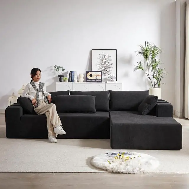 Alt view image 6 of 7 - 108" Modular Sectional Sofa, Convertible L-Shaped Couch with 6 Pillows, Modern Chenille 3-Seater Deep-Seated Cloud Couch for Living Room, No Assembly Required (Black, Right-Facing Chaise)