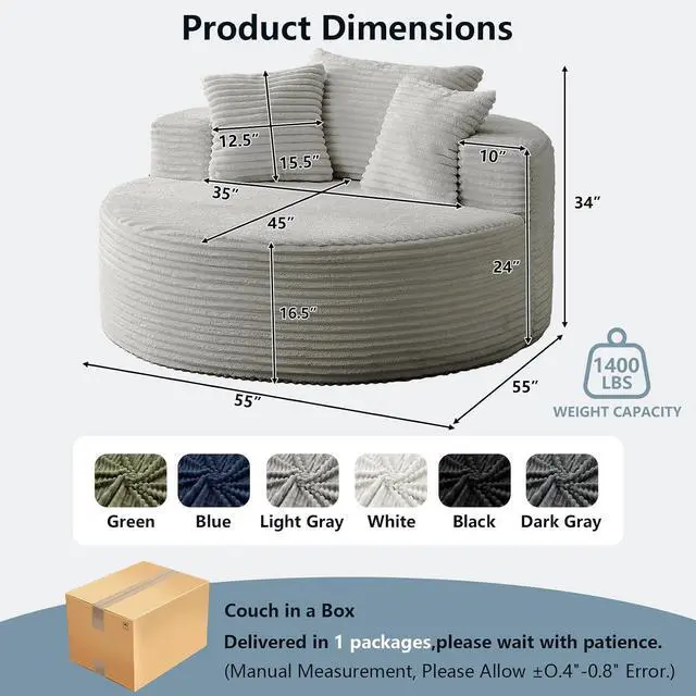Alt view image 2 of 7 - 55'' Oversized Round Lounge Chaise Chair, Corduroy Upholstered Indoor Chaise, Cloud Circle Sleeper Sofa Bed for Reading, Living Room, Bedroom, Apartment, No Assembly Required, Light Grey