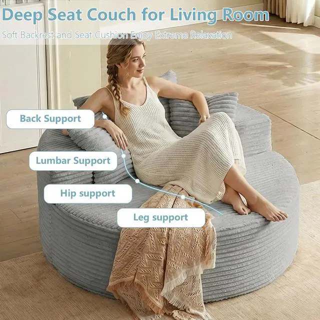 Alt view image 4 of 7 - 55'' Oversized Round Lounge Chaise Chair, Corduroy Upholstered Indoor Chaise, Cloud Circle Sleeper Sofa Bed for Reading, Living Room, Bedroom, Apartment, No Assembly Required, Light Grey