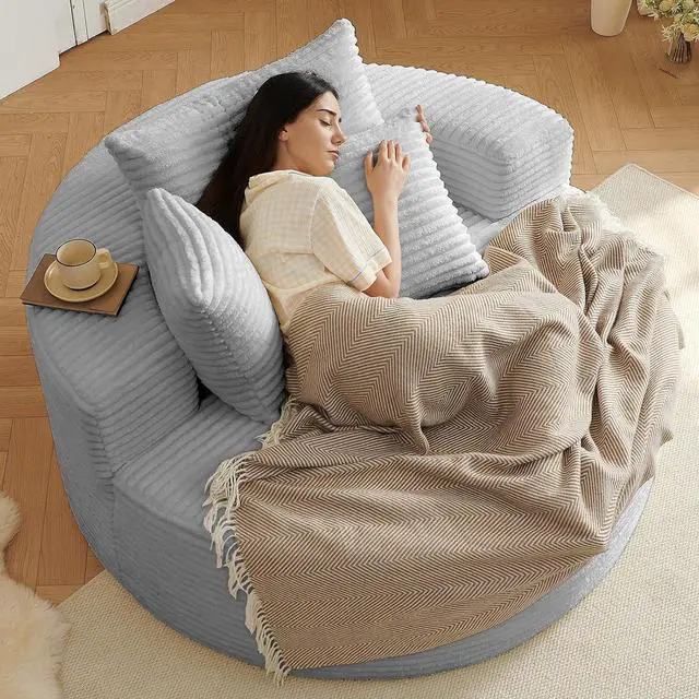 Alt view image 3 of 7 - 55'' Oversized Round Lounge Chaise Chair, Corduroy Upholstered Indoor Chaise, Cloud Circle Sleeper Sofa Bed for Reading, Living Room, Bedroom, Apartment, No Assembly Required, Light Grey
