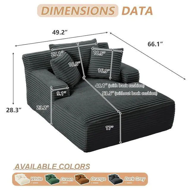 Alt view image 2 of 6 - 49.2"Oversized Chaise Lounge Chair Indoor,Corduroy Boneless Reading Chair with 3 Pillows,Deep Seat Cloud Sofa Bed,Comfy Modern Sleeper Chairs in Box for Living Room Bedroom,No Assembly(Dark Grey)