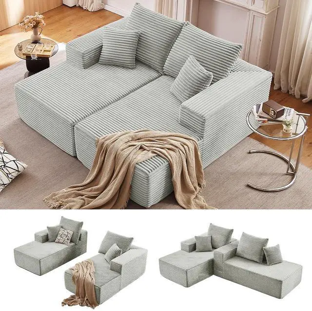 Main image of 75"Oversized Chaise Lounge Chair,Sectional Double Lounge Chaise with Pillows, Upholstered Corduroy Boneless Lounge Chair,Fluffy Modern Loveseat Sleeper Sofa for Living Room Bedroom(Light Grey)