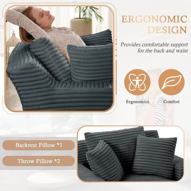 Alt view image 3 of 6 - 49.2"Oversized Chaise Lounge Chair Indoor,Corduroy Boneless Reading Chair with 3 Pillows,Deep Seat Cloud Sofa Bed,Comfy Modern Sleeper Chairs in Box for Living Room Bedroom,No Assembly(Dark Grey)