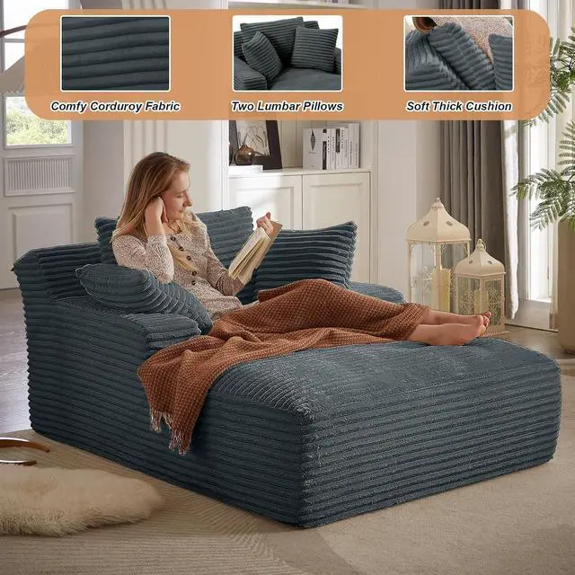 Alt view image 4 of 6 - 49.2"Oversized Chaise Lounge Chair Indoor,Corduroy Boneless Reading Chair with 3 Pillows,Deep Seat Cloud Sofa Bed,Comfy Modern Sleeper Chairs in Box for Living Room Bedroom,No Assembly(Dark Grey)