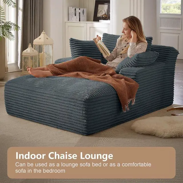 Alt view image 6 of 6 - 49.2"Oversized Chaise Lounge Chair Indoor,Corduroy Boneless Reading Chair with 3 Pillows,Deep Seat Cloud Sofa Bed,Comfy Modern Sleeper Chairs in Box for Living Room Bedroom,No Assembly(Dark Grey)