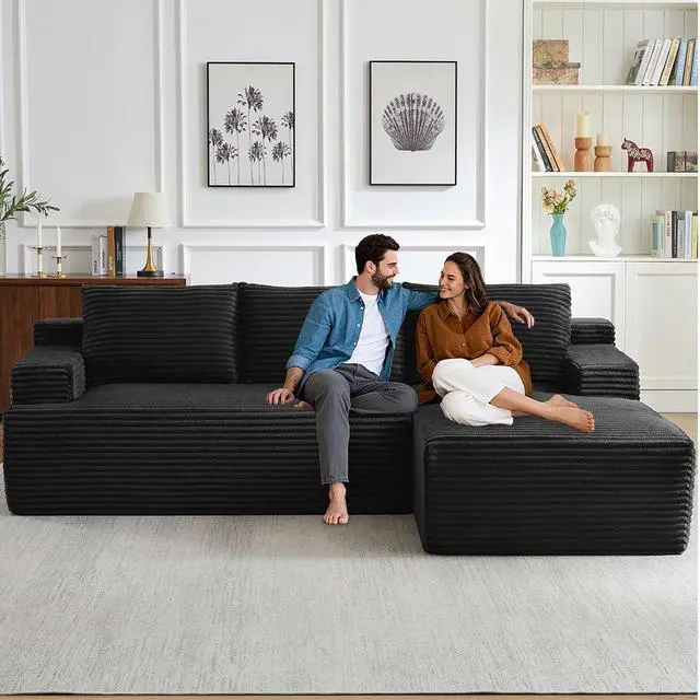 Alt view image 6 of 7 - 96" Cloud Sectional Couch with L-Shape Chaise, Modern Corduroy Boneless Couch for Living Room,Memory Foam Sofa with Deep Seat,No Assembly Required (Black,Right-Facing Chaise)