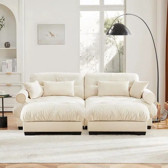 Alt view image 3 of 6 - 93.7" Oversized Loveseat Sofa with 2 Ottomans, Modern Velvet 2-Seat Couch with Waist & Throw Pillows, Upholstered Deep Seat Cloud Couch for Living Room, Bedroom (Cream,2 Seater with 2 Ottomans)