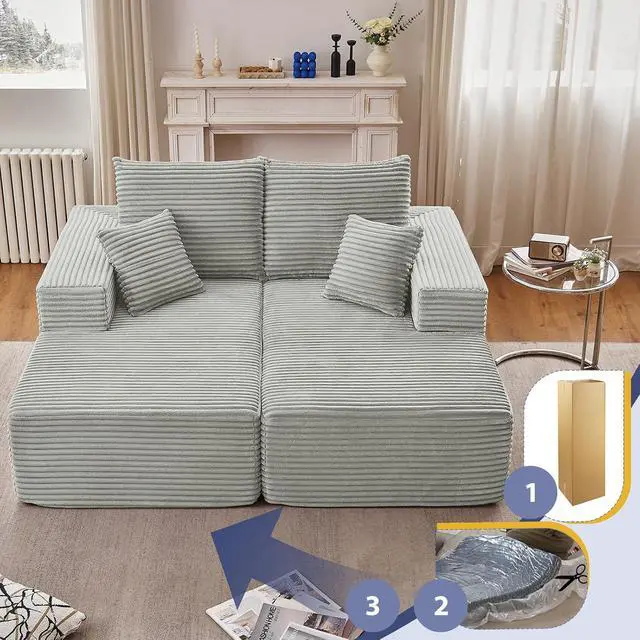 Alt view image 4 of 7 - 75"Oversized Chaise Lounge Chair,Sectional Double Lounge Chaise with Pillows, Upholstered Corduroy Boneless Lounge Chair,Fluffy Modern Loveseat Sleeper Sofa for Living Room Bedroom(Light Grey)