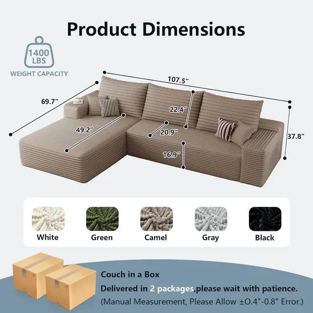 Alt view image 2 of 7 - 107" Modular Sectional Sofa with Left Chaise, Modern L-Shaped Cloud Couch with Deep Seat, Comfy Corduroy 4-Seater Sofa, Sponge Compression Cushions for Living Room, No Assembly Required, Light Camel