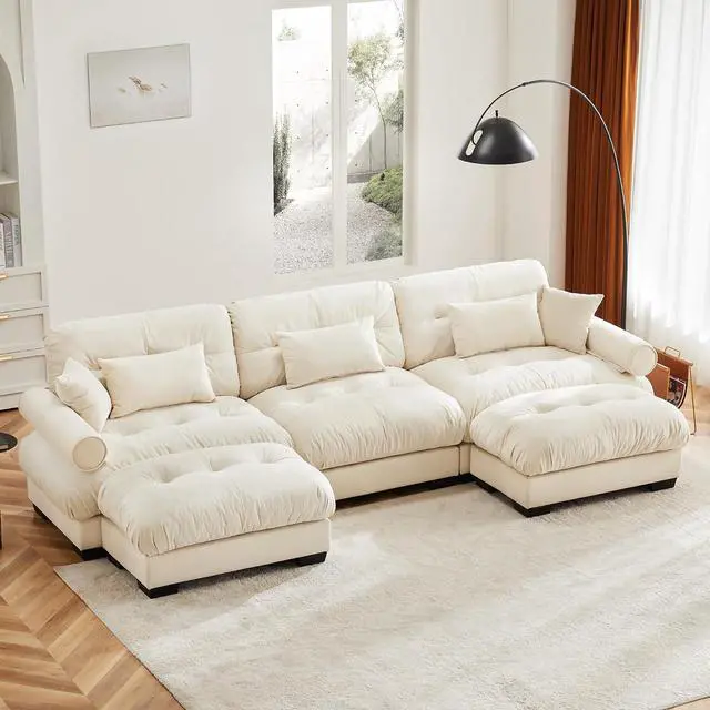 Main image of 130"W Modular Sectional Sofa with 2 Ottomans, Oversized 3-Seater Couch with Waist & Throw Pillows,Comfy Velvet Deep Seat Upholstered Sofa for Living Room & Bedroom (Cream, 3-Seater with Ottomans)