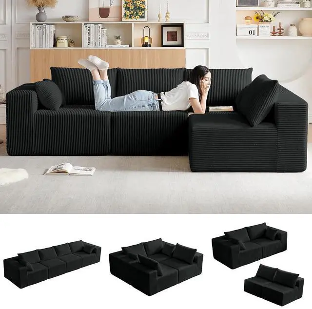 Main image of 104'' Cloud Modular Sectional Sofa, Corduroy L-Shaped Minimalist Couch with Deep Seat, Modern 4-Seater Free Combination Sofa for Living Room No Assembly Required (Black)