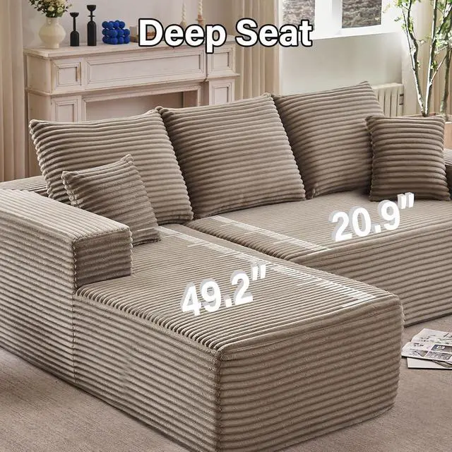 Alt view image 3 of 7 - 107" Modular Sectional Sofa with Left Chaise, Modern L-Shaped Cloud Couch with Deep Seat, Comfy Corduroy 4-Seater Sofa, Sponge Compression Cushions for Living Room, No Assembly Required, Light Camel