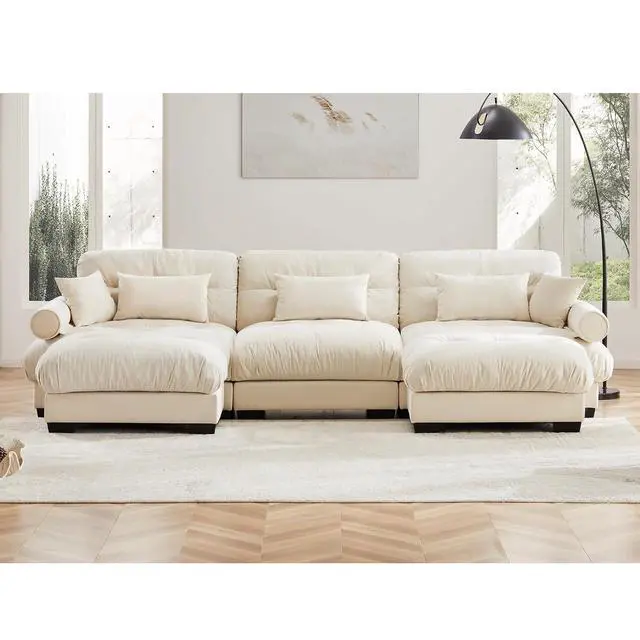 Alt view image 3 of 6 - 130"W Modular Sectional Sofa with 2 Ottomans, Oversized 3-Seater Couch with Waist & Throw Pillows,Comfy Velvet Deep Seat Upholstered Sofa for Living Room & Bedroom (Cream, 3-Seater with Ottomans)