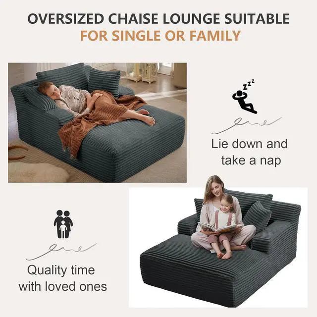 Alt view image 5 of 6 - 49.2"Oversized Chaise Lounge Chair Indoor,Corduroy Boneless Reading Chair with 3 Pillows,Deep Seat Cloud Sofa Bed,Comfy Modern Sleeper Chairs in Box for Living Room Bedroom,No Assembly(Dark Grey)