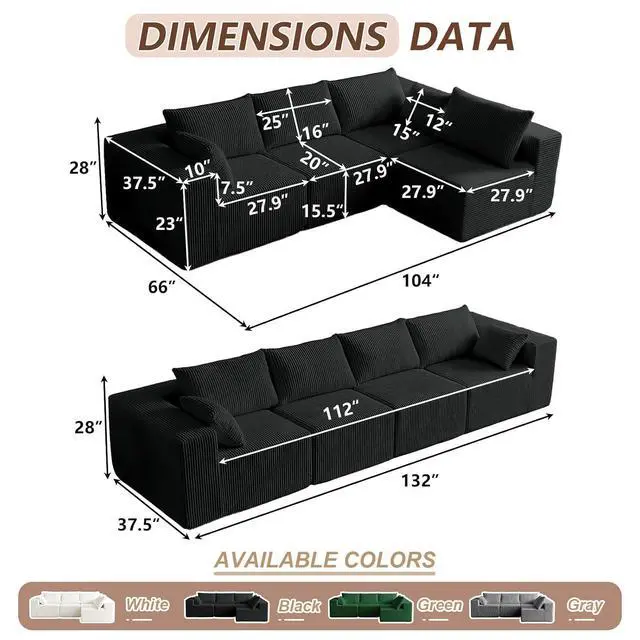 Alt view image 2 of 6 - 104'' Cloud Modular Sectional Sofa, Corduroy L-Shaped Minimalist Couch with Deep Seat, Modern 4-Seater Free Combination Sofa for Living Room No Assembly Required (Black)