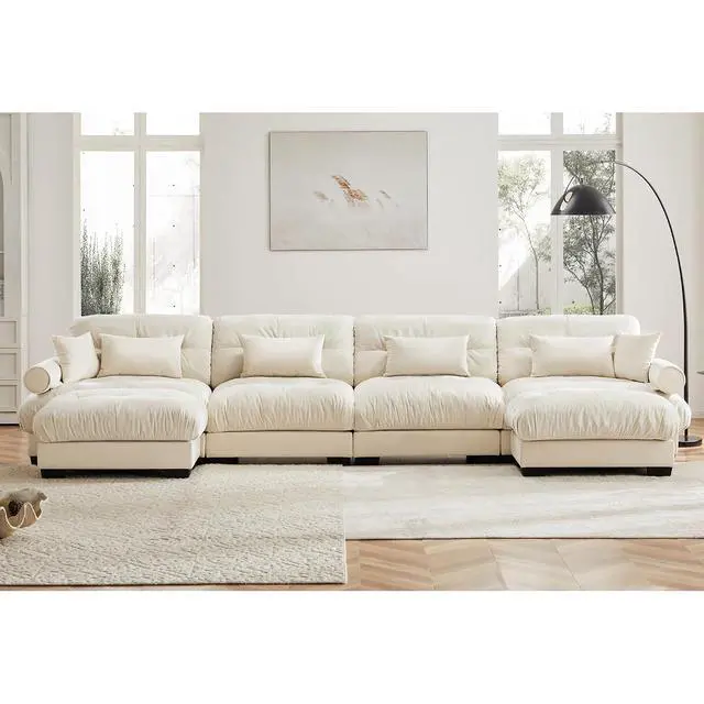 Alt view image 3 of 6 - 166"W Modular Sectional Sofa with 2 Ottomans, Oversized 4-Seater Couch with Waist & Throw Pillows,Comfy Velvet Deep Seat Upholstered Sofa for Living Room,Apartment(Cream,4-Seater with 2 Ottomans)