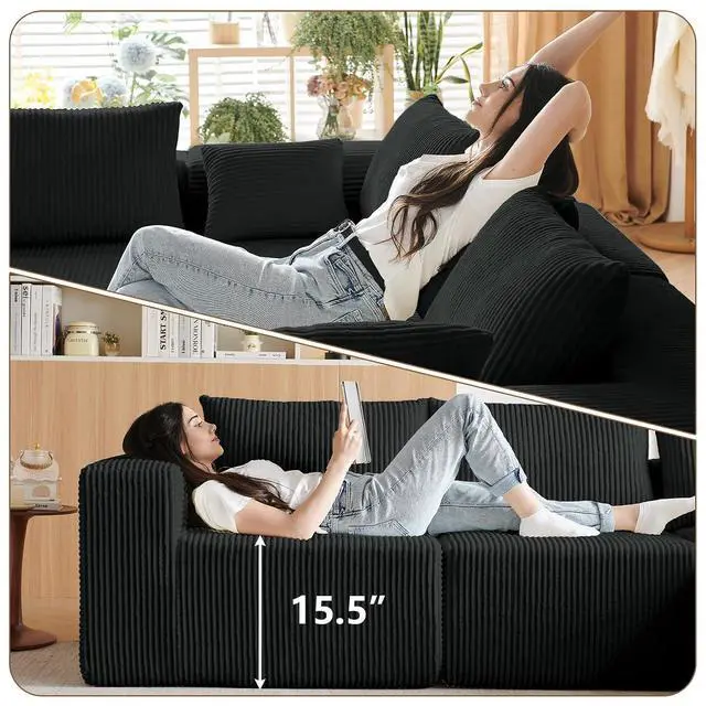 Alt view image 5 of 6 - 104'' Cloud Modular Sectional Sofa, Corduroy L-Shaped Minimalist Couch with Deep Seat, Modern 4-Seater Free Combination Sofa for Living Room No Assembly Required (Black)