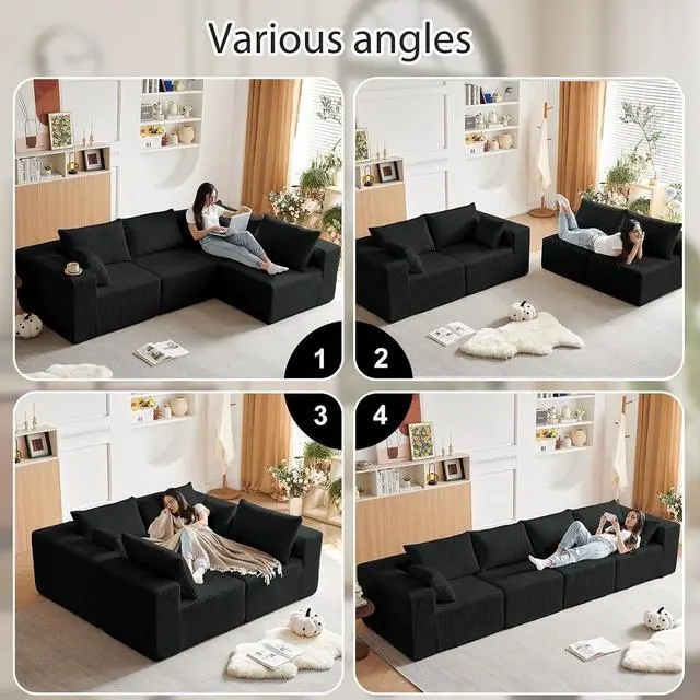 Alt view image 3 of 6 - 104'' Cloud Modular Sectional Sofa, Corduroy L-Shaped Minimalist Couch with Deep Seat, Modern 4-Seater Free Combination Sofa for Living Room No Assembly Required (Black)