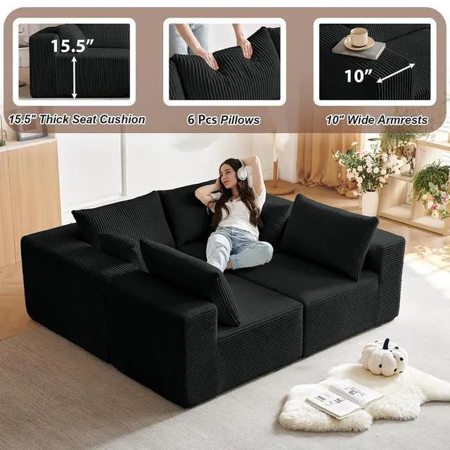 Alt view image 4 of 6 - 104'' Cloud Modular Sectional Sofa, Corduroy L-Shaped Minimalist Couch with Deep Seat, Modern 4-Seater Free Combination Sofa for Living Room No Assembly Required (Black)