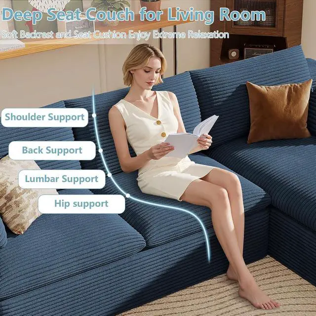 Alt view image 3 of 7 - 136" Cloud Sectional Couch with L-Shape Chaise, Modern Corduroy Viral Boneless Sofa for Living Room,Memory Foam Couches in a Box with Deep Seat,No Assembly Required (Blue,Right-Facing Chaise)