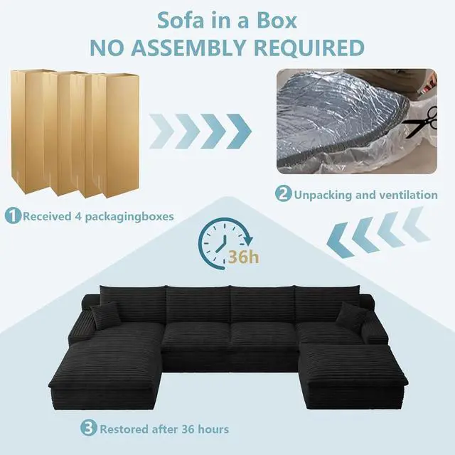 Alt view image 7 of 7 - 136" Cloud Sectional Couch with U-Shaped Chaise,Corduroy Viral Boneless Sofa with Ottoman,Memory Foam Couches in a Box with Deep Seat for Living Room,No Assembly Required (Black,Left-Facing Chaise)