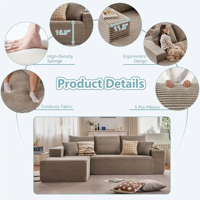 Alt view image 4 of 7 - 107" Modular Sectional Sofa with Left Chaise, Modern L-Shaped Cloud Couch with Deep Seat, Comfy Corduroy 4-Seater Sofa, Sponge Compression Cushions for Living Room, No Assembly Required, Light Camel
