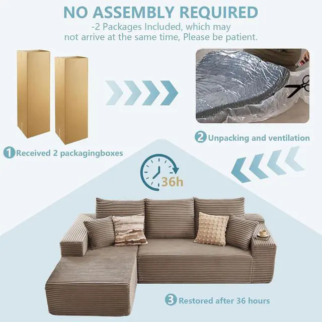 Alt view image 5 of 7 - 107" Modular Sectional Sofa with Left Chaise, Modern L-Shaped Cloud Couch with Deep Seat, Comfy Corduroy 4-Seater Sofa, Sponge Compression Cushions for Living Room, No Assembly Required, Light Camel
