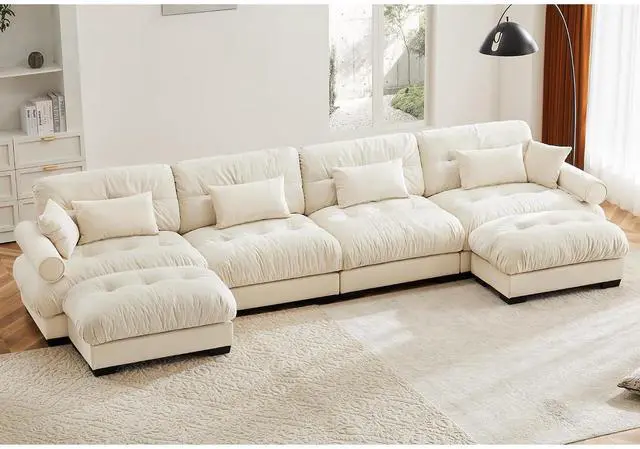 Main image of 166"W Modular Sectional Sofa with 2 Ottomans, Oversized 4-Seater Couch with Waist & Throw Pillows,Comfy Velvet Deep Seat Upholstered Sofa for Living Room,Apartment(Cream,4-Seater with 2 Ottomans)