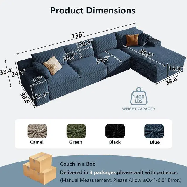 Alt view image 2 of 7 - 136" Cloud Sectional Couch with L-Shape Chaise, Modern Corduroy Viral Boneless Sofa for Living Room,Memory Foam Couches in a Box with Deep Seat,No Assembly Required (Blue,Right-Facing Chaise)