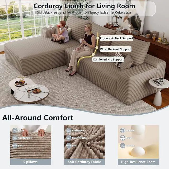 Alt view image 7 of 7 - 107" Modular Sectional Sofa with Left Chaise, Modern L-Shaped Cloud Couch with Deep Seat, Comfy Corduroy 4-Seater Sofa, Sponge Compression Cushions for Living Room, No Assembly Required, Light Camel
