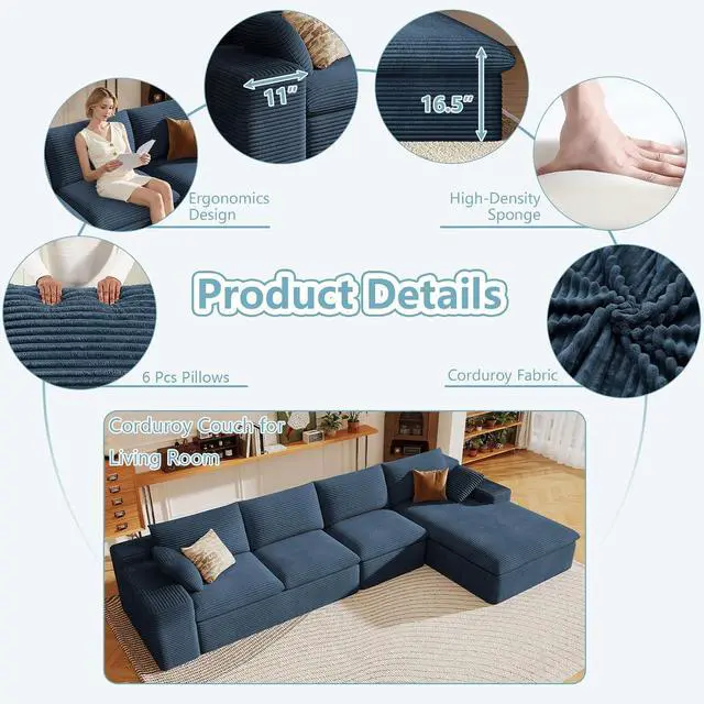 Alt view image 4 of 7 - 136" Cloud Sectional Couch with L-Shape Chaise, Modern Corduroy Viral Boneless Sofa for Living Room,Memory Foam Couches in a Box with Deep Seat,No Assembly Required (Blue,Right-Facing Chaise)