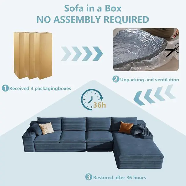 Alt view image 7 of 7 - 136" Cloud Sectional Couch with L-Shape Chaise, Modern Corduroy Viral Boneless Sofa for Living Room,Memory Foam Couches in a Box with Deep Seat,No Assembly Required (Blue,Right-Facing Chaise)